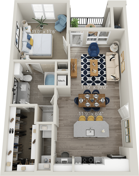 A7 - Luxury one bedroom apartment with living room kitchen with island bathroom with bathtub walk in closet and patio with storage